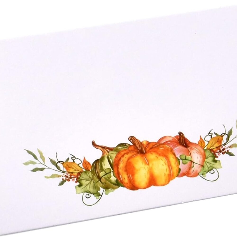 100 Pack Thanksgiving Place Cards with Pumpkins and Fall Leaves Folded Paper Nam